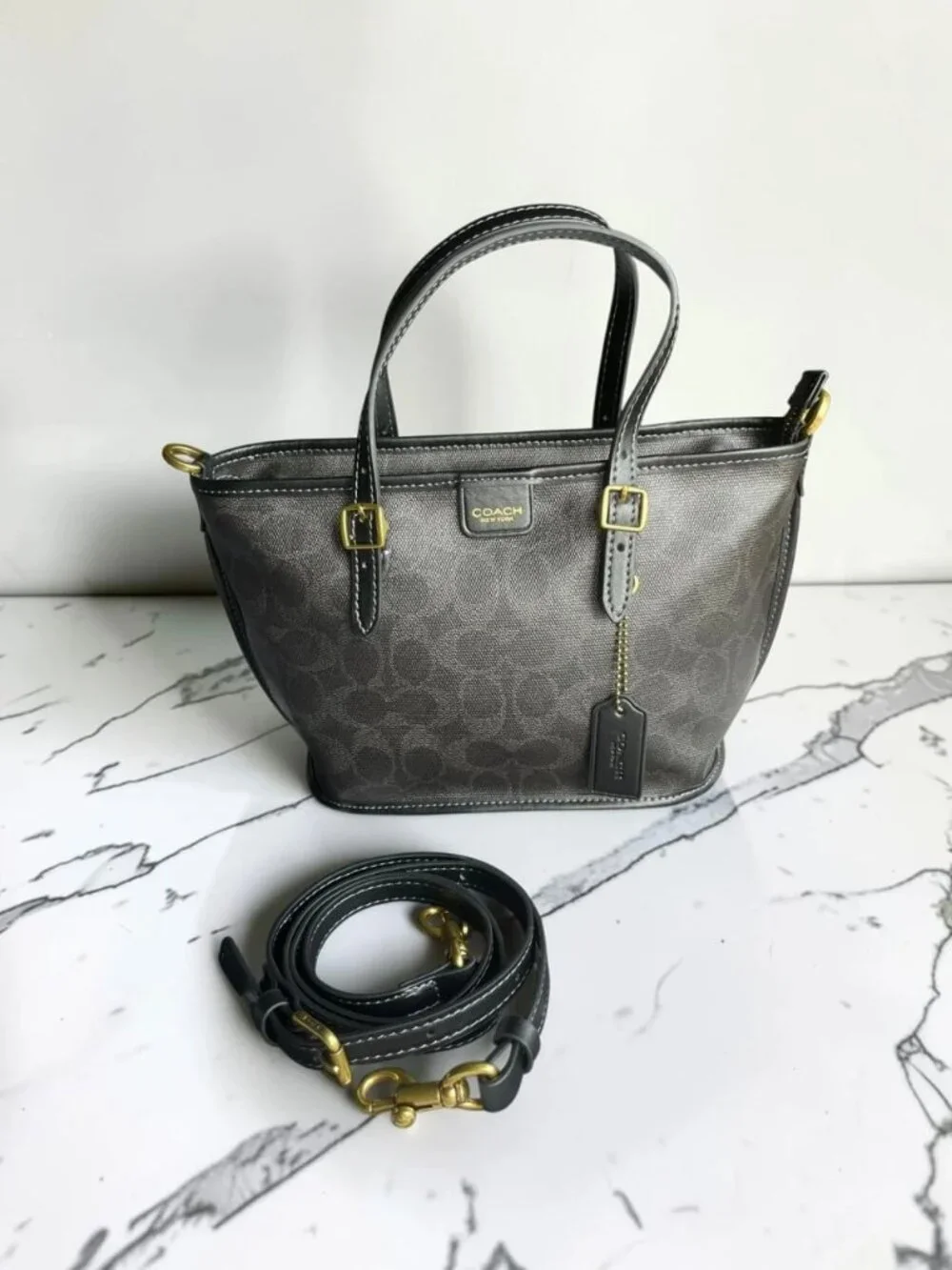 Coach Mini Tote Signature Canvas Bag with Crossbody Strap, Grey/Black